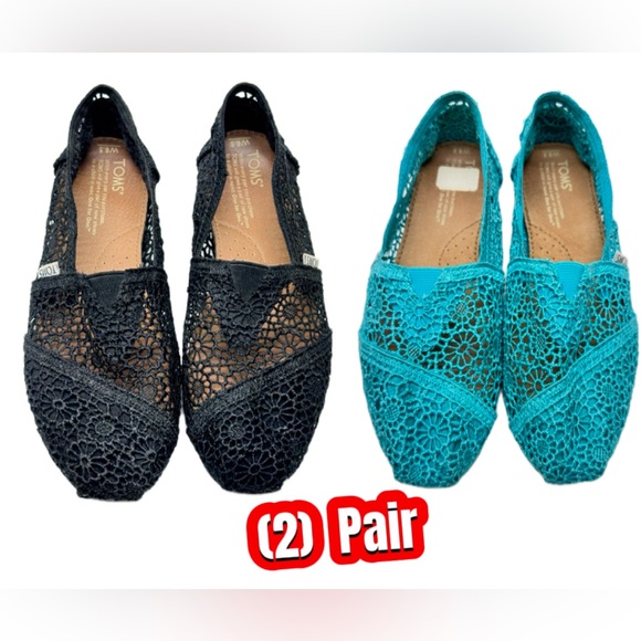 (2 Pairs) TOMS Women's (1) Turquoise‎ (1) Black Lace Flats (S50) - Picture 2 of 13